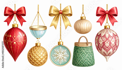 Festive Christmas ornaments, elegant holiday decorations with bows, baubles, and festive garlands, celebrating the joy of the season