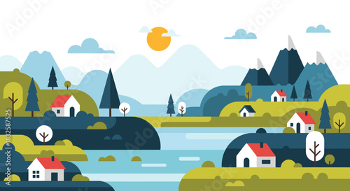 A vibrant flat design landscape illustration of a peaceful village with houses nestled among green hills, trees, and a winding river.