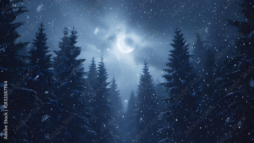 Naklejka premium Snow falling in a forest at night with the moon shining through the trees