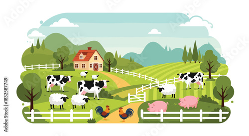A charming cartoon farm landscape with cows, sheep, and pigs grazing in green fields next to a classic red-roofed farmhouse.