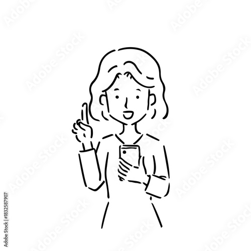 線画・人差し指を立ててスマホを持っている若い女性