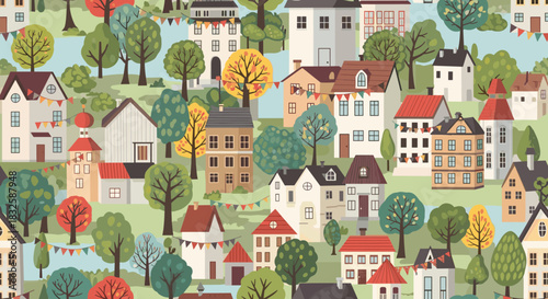 A charming seamless pattern depicting a cozy and dense European-style town with colorful houses and trees on rolling green hills.