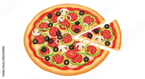 A delicious cartoon illustration of a whole pepperoni pizza with various toppings and one slice being served, isolated on white.