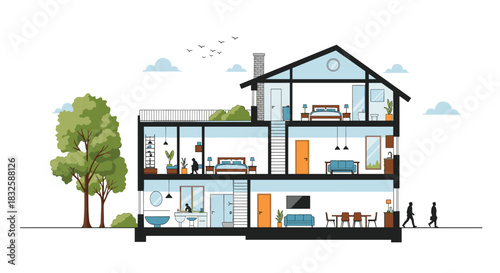 A detailed cross-section of a modern three-story house showing the interior layout of rooms, furniture, and family life inside.