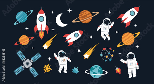A fun cartoon collection of space exploration icons, including astronauts, rockets, planets, and a satellite on a dark background.