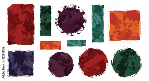 A set of abstract grunge frames and shapes with rough, textured paint brush strokes, perfect for creating modern, edgy designs.