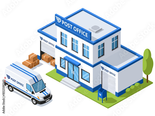 A clean isometric vector design showcases a two-story white and blue post office complete with a waiting delivery van, a blue mailbox, and packages ready for shipment at the open loading dock