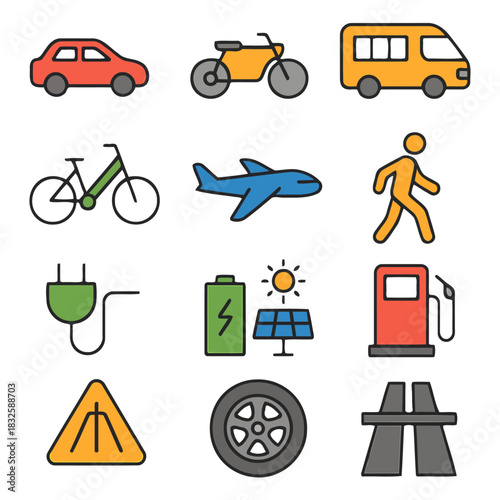 Diverse Transport Icon Set: A collection of various transport icons, illustrating different modes of transportation, reflecting a modern approach to movement and travel.