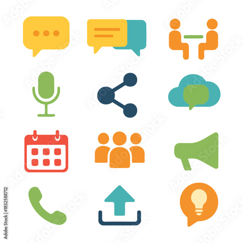Icons of Communication and Connection: A vibrant collection of digital icons represents the essence of modern communication and social interaction, including speech bubbles, meeting, microphone.