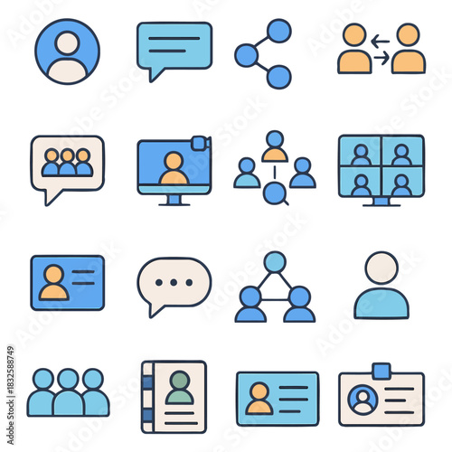 Digital Communication Icons: A set of digital communication icons, including profile avatars, messaging bubbles, connection links, and various teamwork concepts.