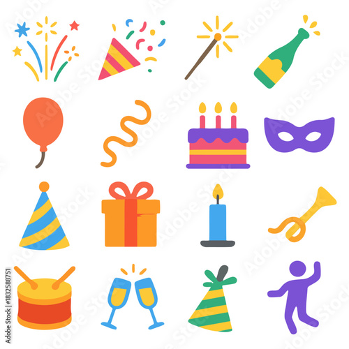 Celebratory Icons: A collection of vibrant icons, each a symbol of joy and revelry, representing the elements of a grand celebration and expressing happiness.
