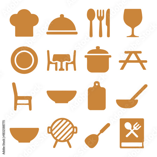 Culinary Iconography: A collection of simple, yet bold, icons representing essential elements of the culinary world, from chef's hat to table setting, perfect for culinary and food-related themes.