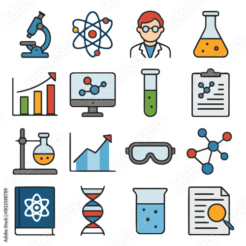 Science Icons: A collection of vibrant science icons, including microscopes, molecules, test tubes, and graphs, illustrating various aspects of scientific research and discovery.