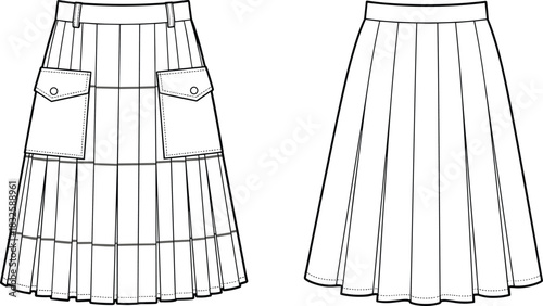 Pleated cargo skirt technical flat, vector fashion sketch, detailed garment outline drawing, womenswear design template, utility pocket pleated skirt CAD illustration