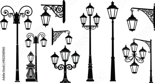 Collection of vintage street lamps and lanterns in silhouette