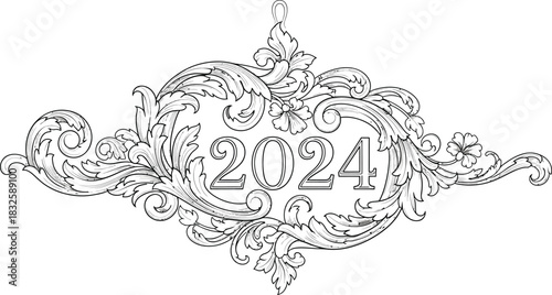 ornate 2024 design, black and white, floral clip art preview