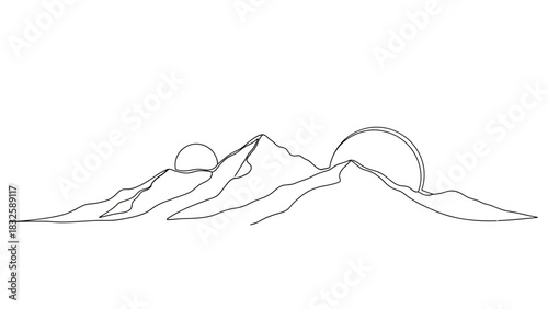 Stunning mountain range with minimalist line art at sunrise or sunset design