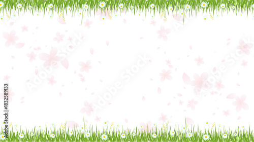 A Serene Nature Themed Background Featuring Green Grass Daisies And Gently Falling Cherry Blossom
