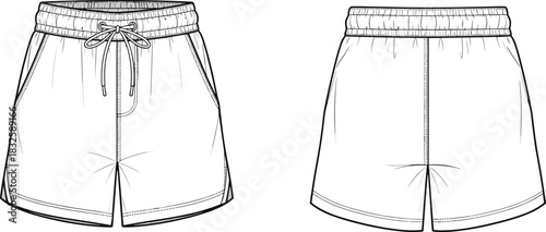 Casual drawstring shorts technical flat, vector apparel sketch, detailed garment outline drawing, fashion design template, elastic waist shorts CAD illustration