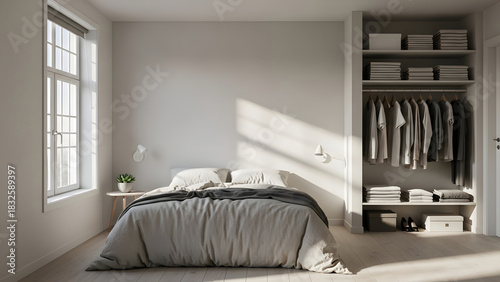 Organizing and Decluttering Home A Serene Bedroom Featuring a Closet and Natural Light