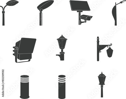 Street light silhouette collection urban lighting fixtures in black and white