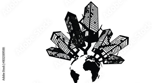 Modern skyscrapers emerge from a stylized globe, symbolizing global urban growth and development.