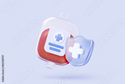 3d blood drop with medical sign with protection plus. World Blood donor day, healthcare, hematology, medicine minimal concepts. 3d medical icon vector with shadow render illustration