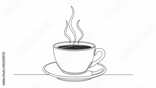 Single line art of steaming coffee cup on saucer for modern minimalist design