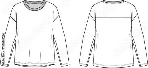 Long sleeve top fashion flat sketch, casual crewneck shirt technical drawing with seam details, CAD garment design vector illustration