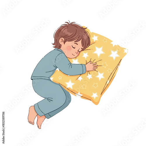 Cartoon illustration of a sleeping child wearing blue pajamas hugging a yellow pillow with white stars on a plain white background.
