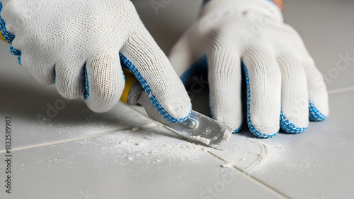 hand in glove, Worker fills tile joints with grout using trowel and white powder. Close-up on hands with gloves, completing bathroom renovation project with precision and care.