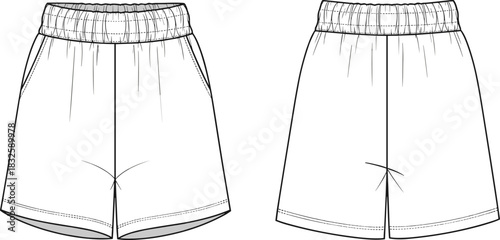 Shorts CAD drawing, technical flat sketch, vector apparel template, fashion design illustration, elastic waist shorts outline, garment mockup, clothing vector graphic