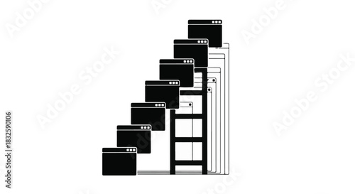 Digital growth visualized with stacked screens ascending a ladder against a clean background