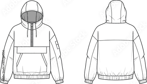 CAD hooded pullover jacket technical sketch, flat vector illustration, apparel design template, garment blueprint, fashion outerwear drawing for designers