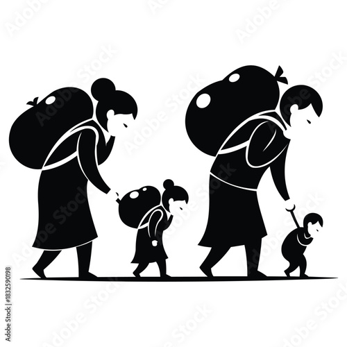 Silhouette of a family carrying heavy burdens on their backs while walking, symbolizing migration, poverty, or hardship, isolated on vector illustration
