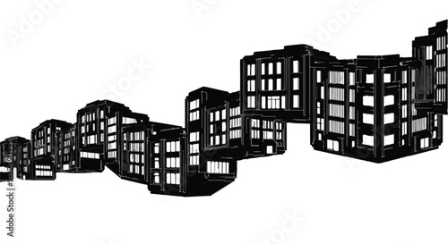 Modern abstract cityscape with interconnected dark buildings against a white background.