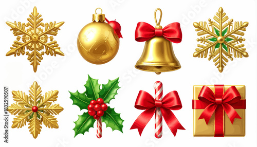 Festive Holiday Decorations Christmas Ornaments, Bells, and Gifts on a White Background