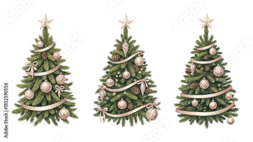 Watercolor Christmas Tree Set with Ribbons Pine Cones and Ornaments Holiday Illustration