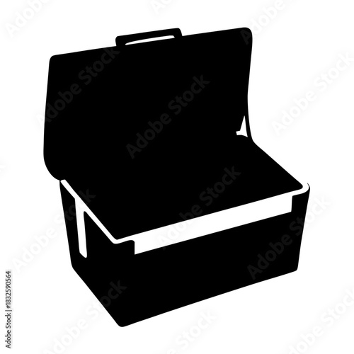 Stylized monochrome illustration of an open lunch box, a retro container