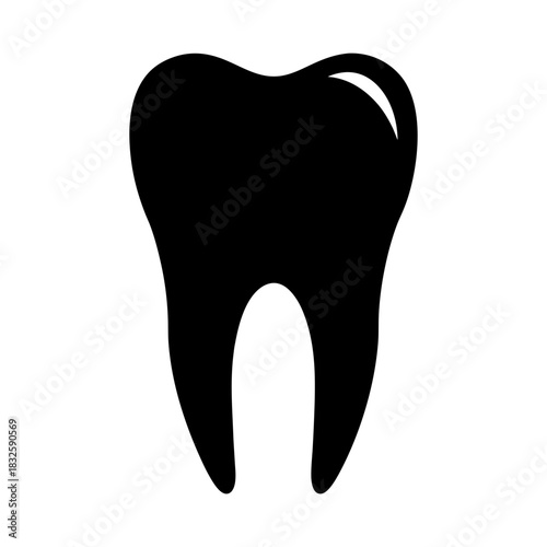 Black molar tooth on a white background representing dentistry and health
