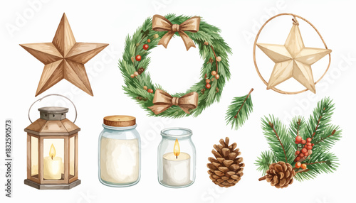 Watercolor collection of Christmas and winter holiday decorations. Features festive wreaths, glowing stars, cozy candles, rustic lanterns, and natural pine elements