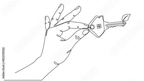 Hand holds house-shaped key with leaf for sustainable future prosperity today