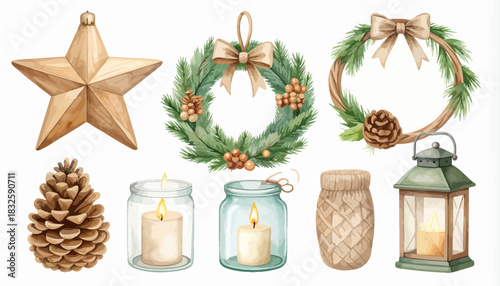 Festive Christmas Decorations Star, Wreaths, Candles, Pinecone, and Lantern