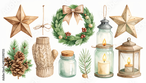 Hand-painted watercolor collection of cozy Christmas illustrations featuring rustic lanterns, stars, and a festive wreath