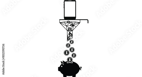 Digital money flows from a smartphone through a funnel into a piggy bank, symbolizing online savings and financial growth.