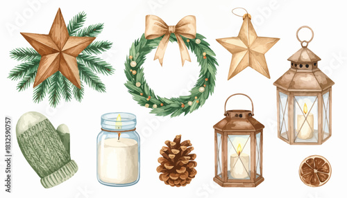 Cozy watercolor illustrations of winter and Christmas holiday essentials, featuring festive ornaments, glowing lanterns, warm candles, and natural accents for seasonal cheer