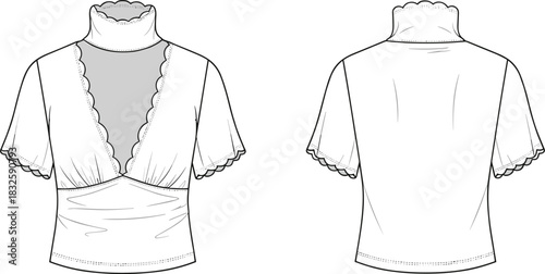 Scalloped high neck lace trim top technical fashion sketch with deep V front design, garment design template, CAD drawing flat vector illustration