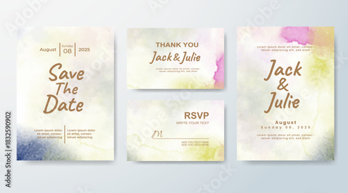 Set of Wedding invitation with abstract splash watercolor