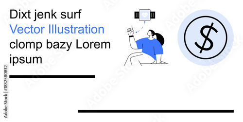 Finance, technology, digital payments, financial services, investment concepts, online economy. Woman interacting with a device emitting signals, and currency symbol. Finance and digital payments