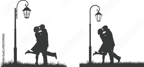 Romantic couple silhouette kissing under street lamps in black and white